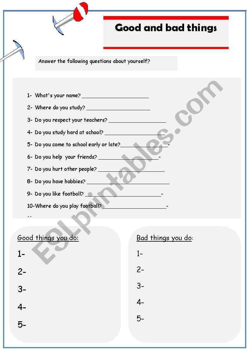 good and bad things you do worksheet