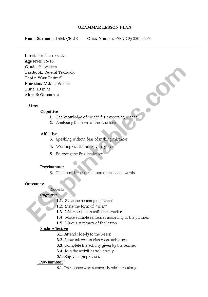 wish- lesson plan worksheet