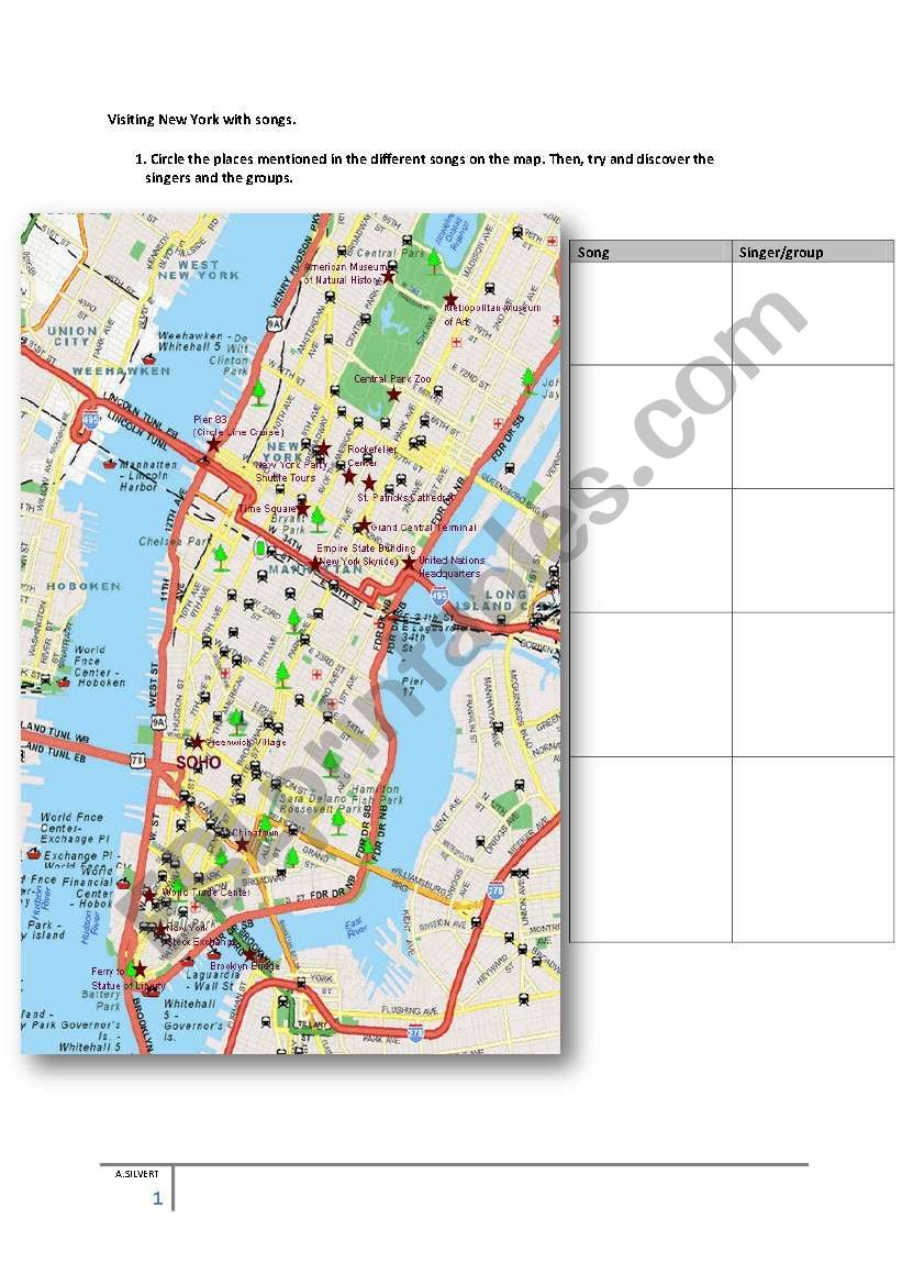 Visiting New York with songs worksheet