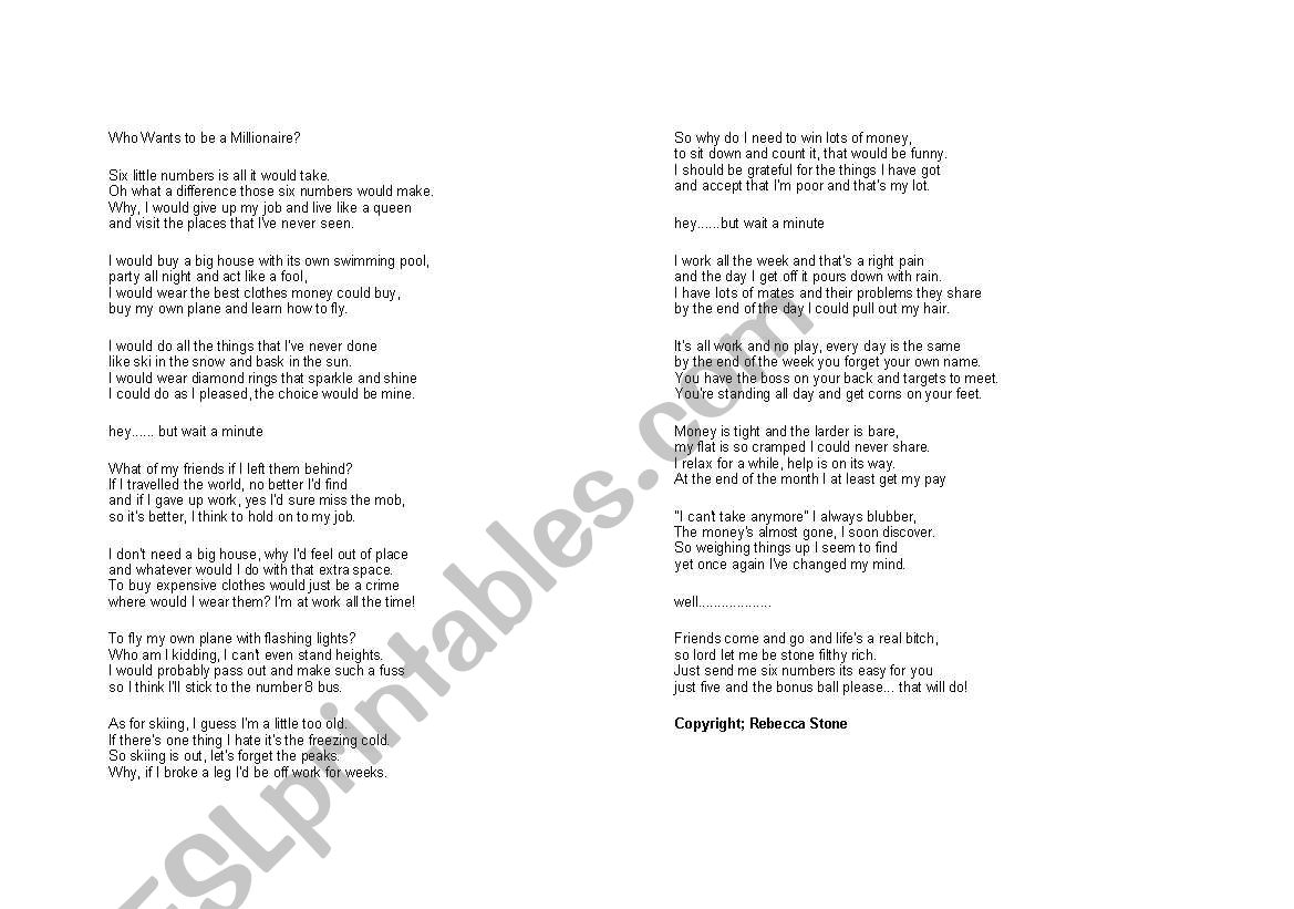money poem worksheet