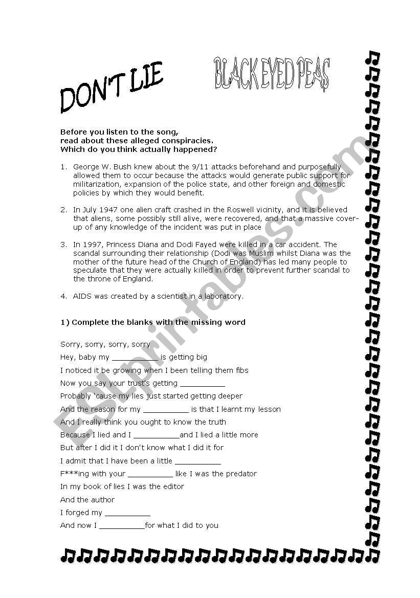 Black Eyed Peas Don´t lie ESL worksheet by caro_amoroso