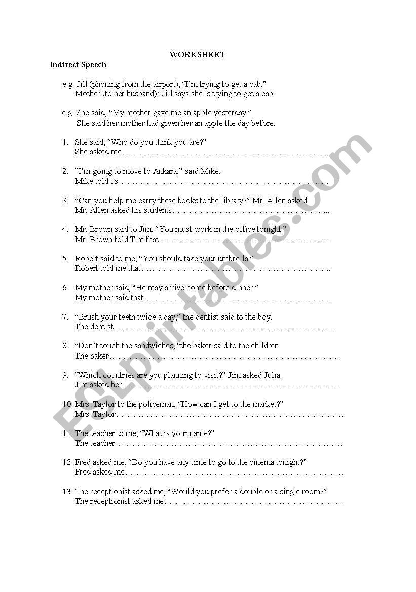 indirect speech worksheet