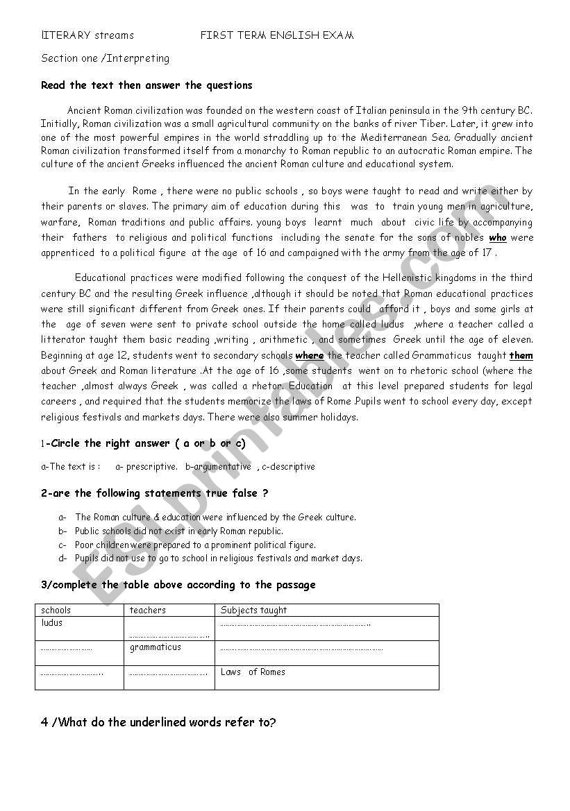 education in ancient Rome worksheet