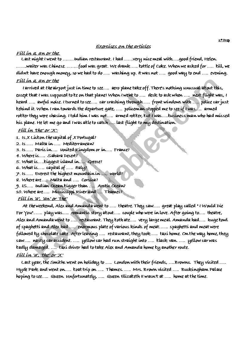exercises on the articles worksheet