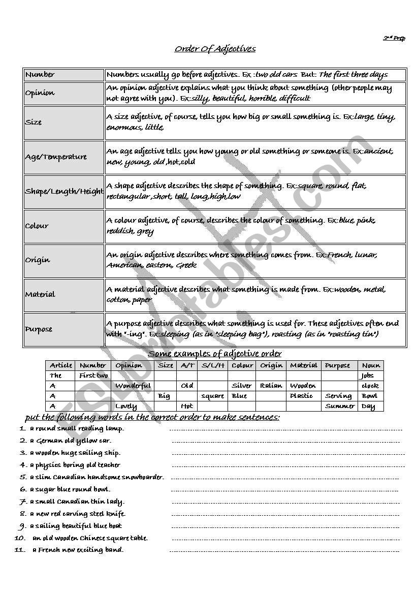 order of adjectives worksheet