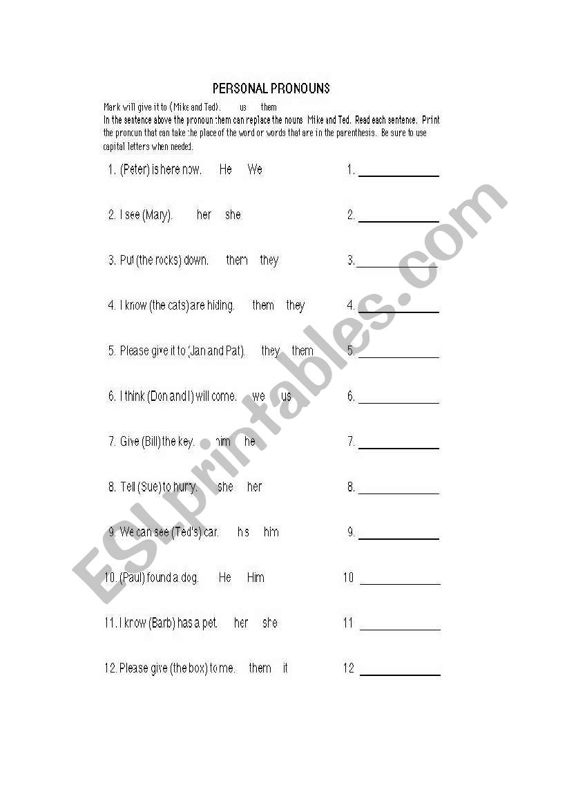 Personal Prounoun worksheet