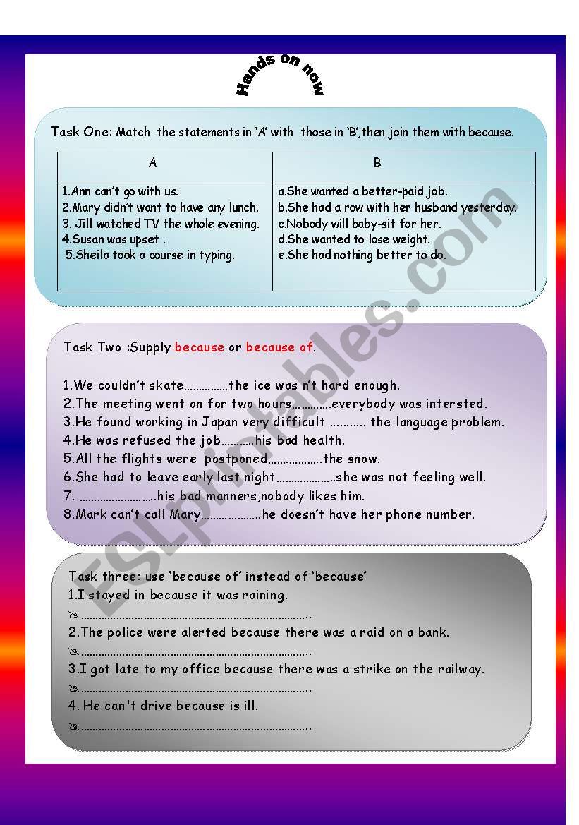 Expressing Cause Reason With Because As Because Of Due To Owing To Esl Worksheet By Hocine B