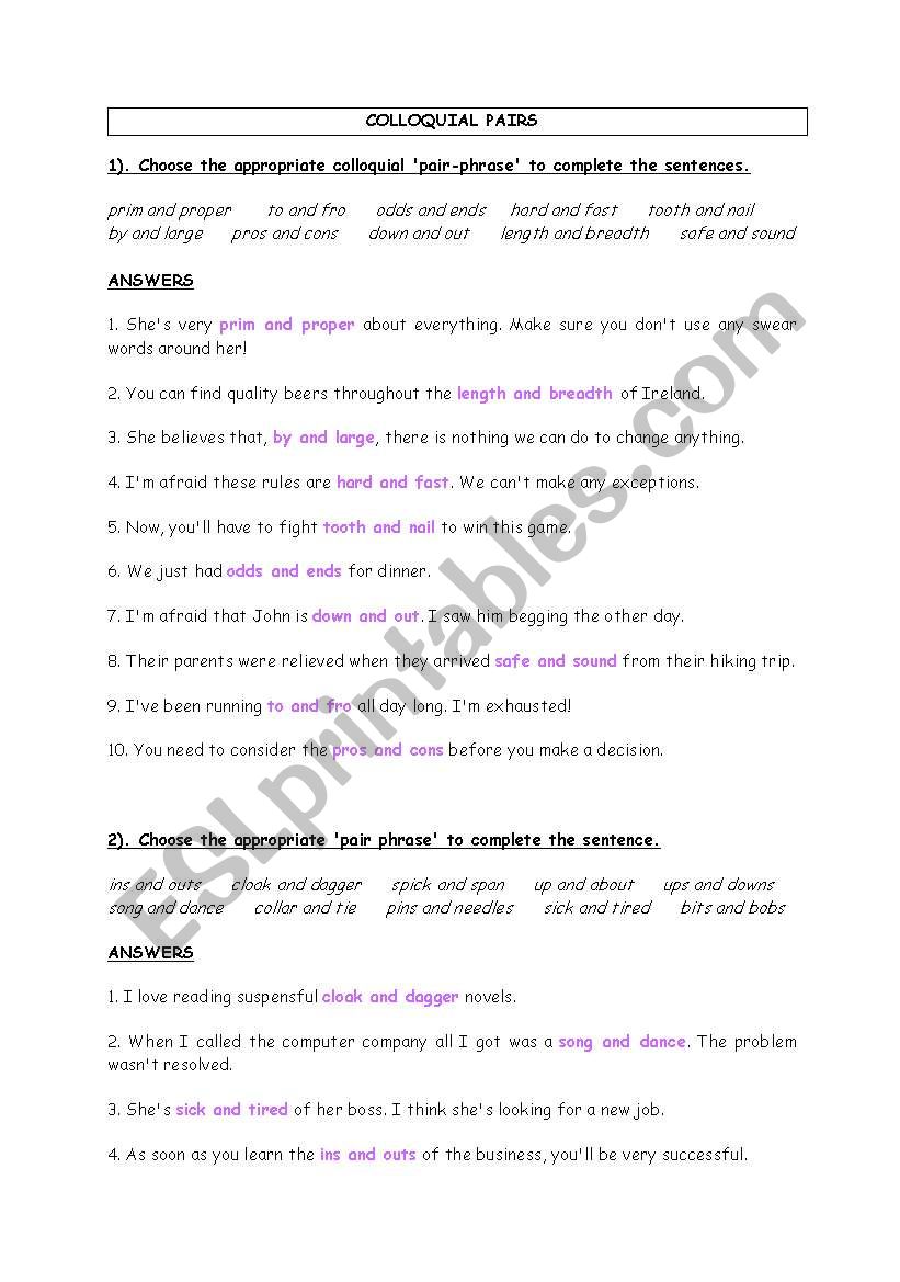 colloquial pair worksheet