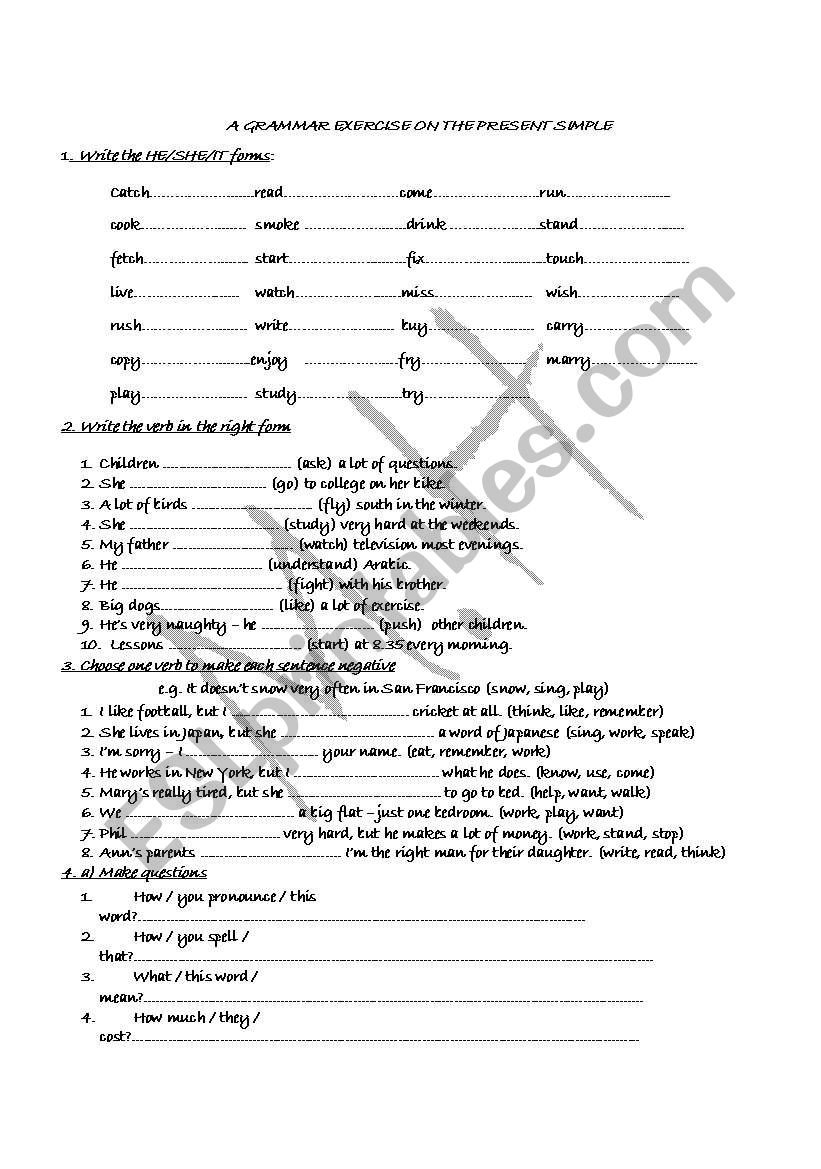 A worksheet on the present simple tense