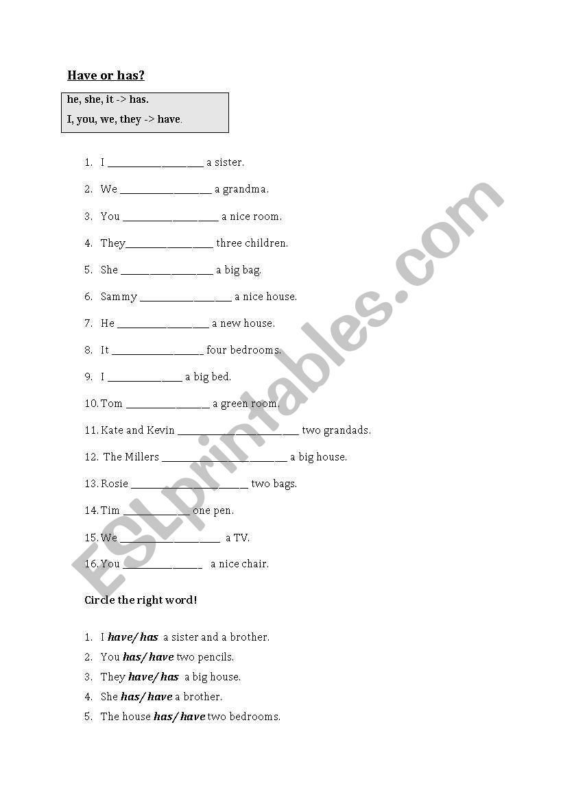 Have or has? worksheet