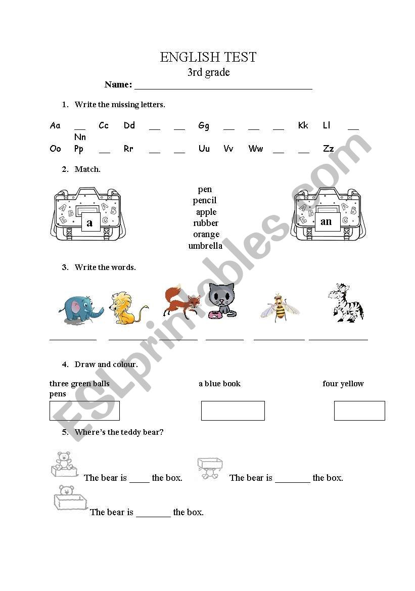 English test for 3rd grade worksheet