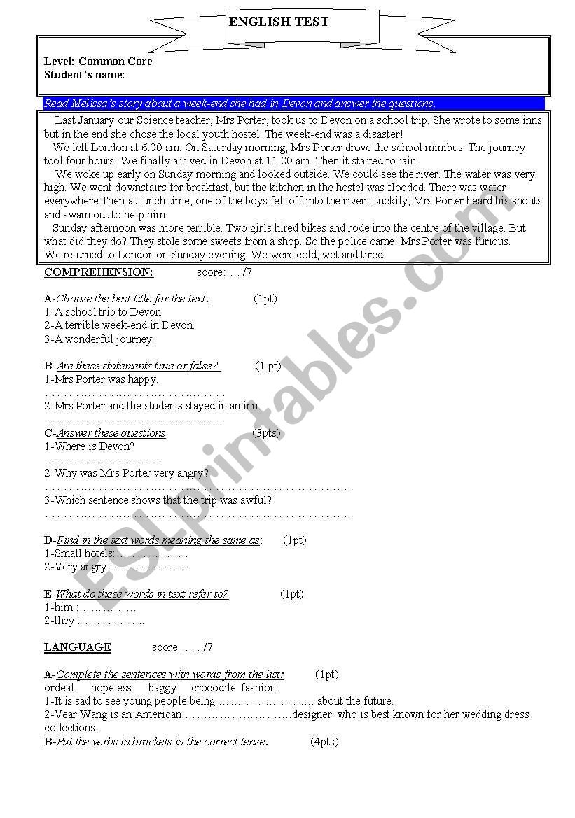 TEST for Common Core Classes worksheet