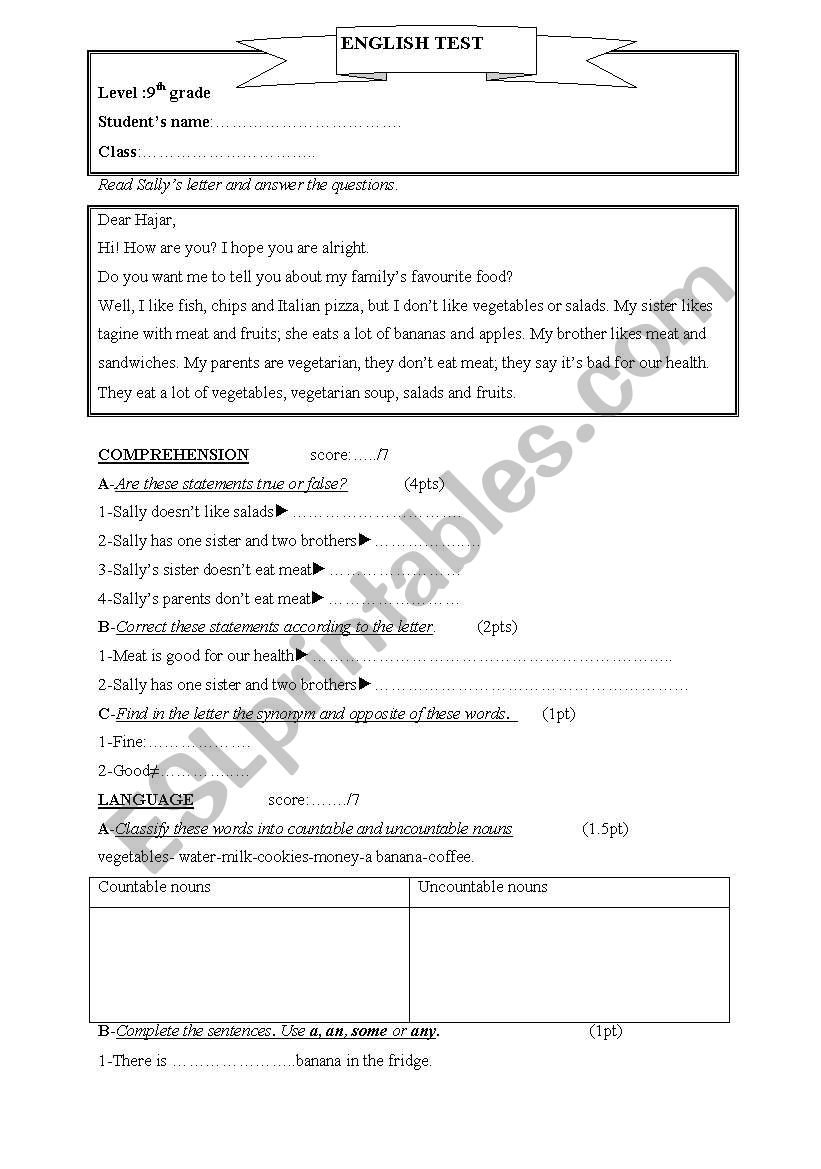 Test for beginners-Food  worksheet