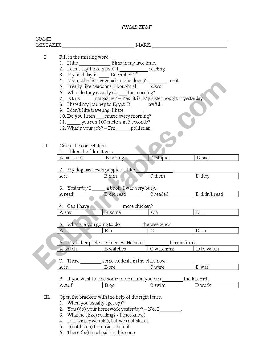 Final Test for Starters worksheet