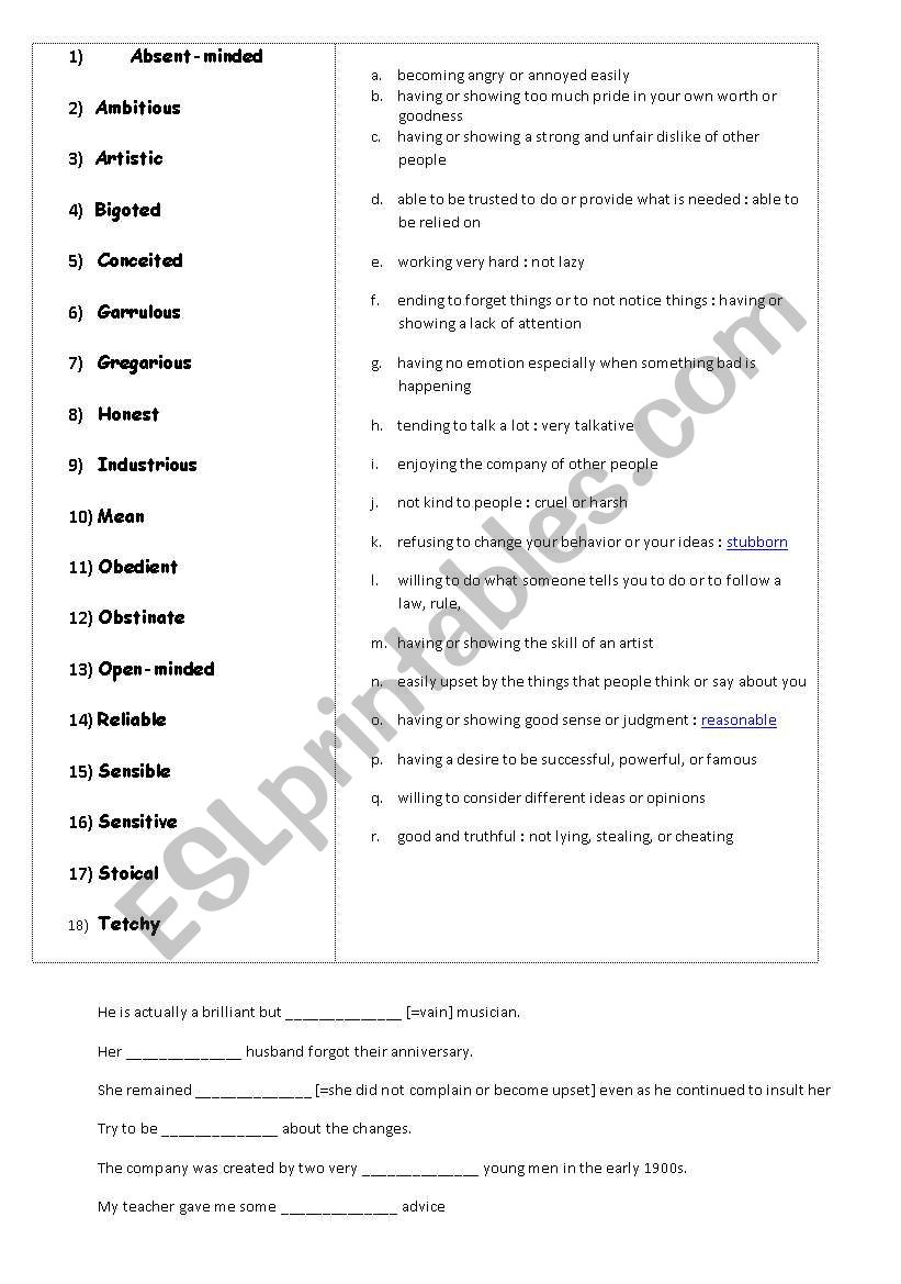 personality adjectives worksheet