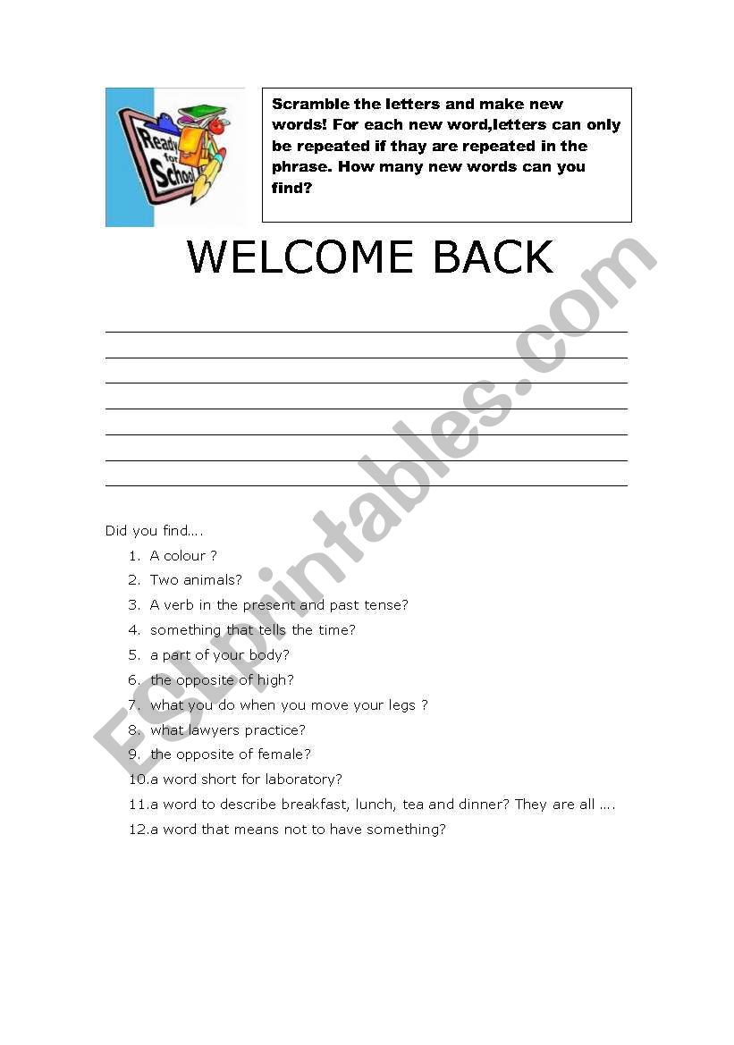 back to school worksheet