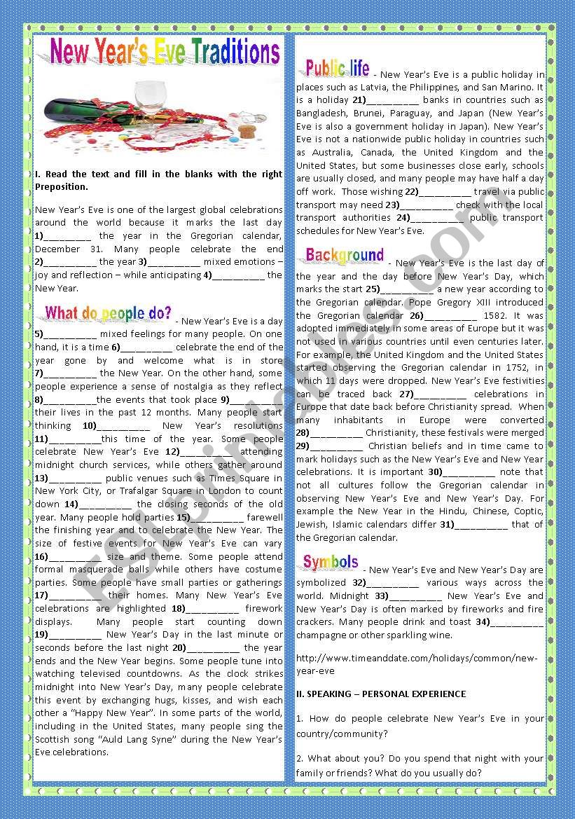 NEW YEARÂ´S EVE TRADITIONS worksheet