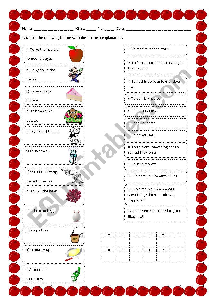 Idioms on food worksheet