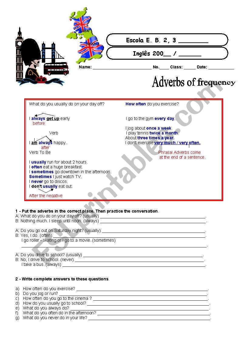 Adverbs of frequency worksheet