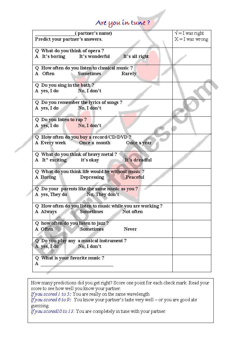 Are you in tune? worksheet