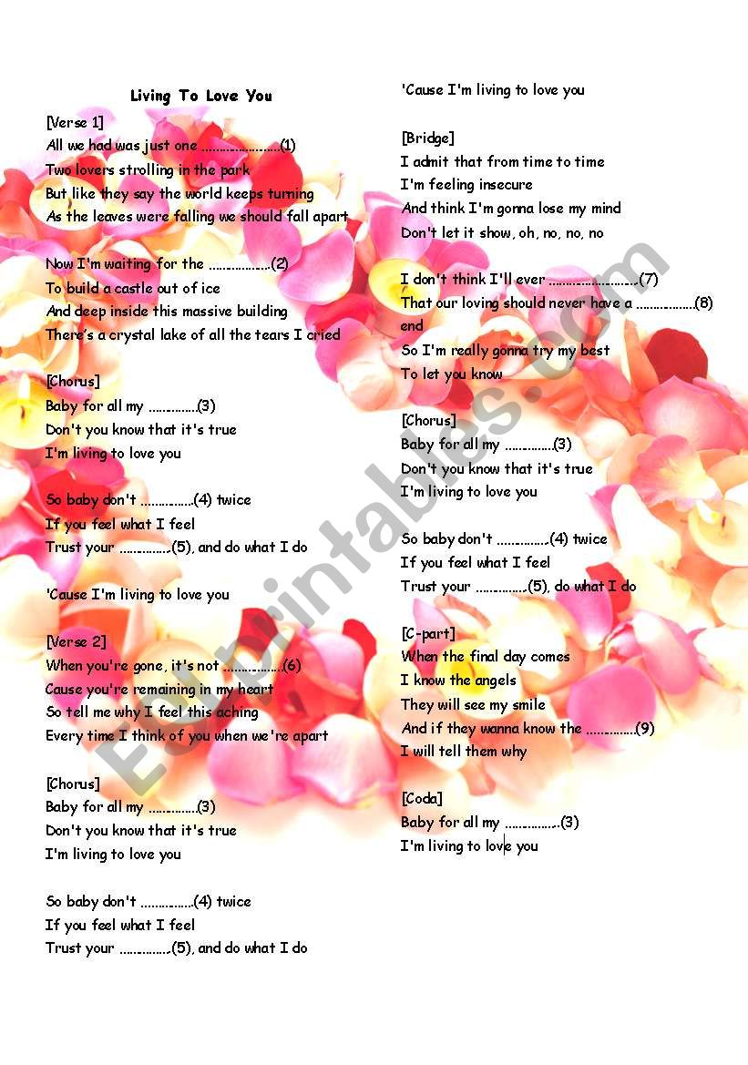 living to love you worksheet