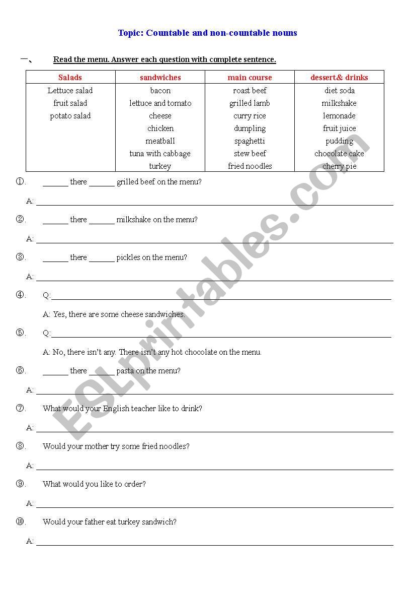 countable and non-countable nouns