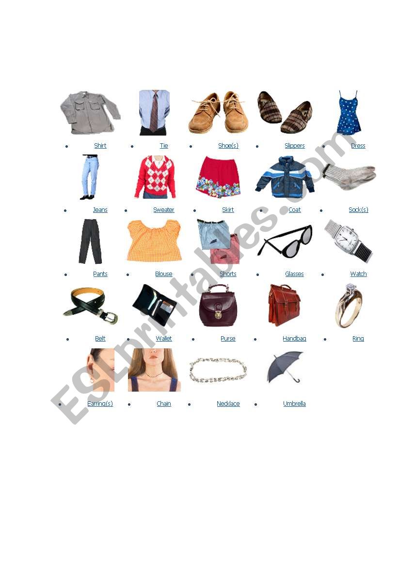 clothing and accesories worksheet