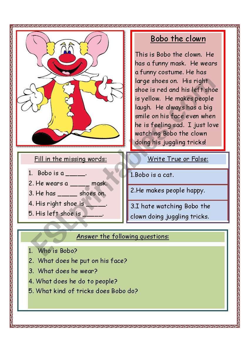 Bobo the clown worksheet
