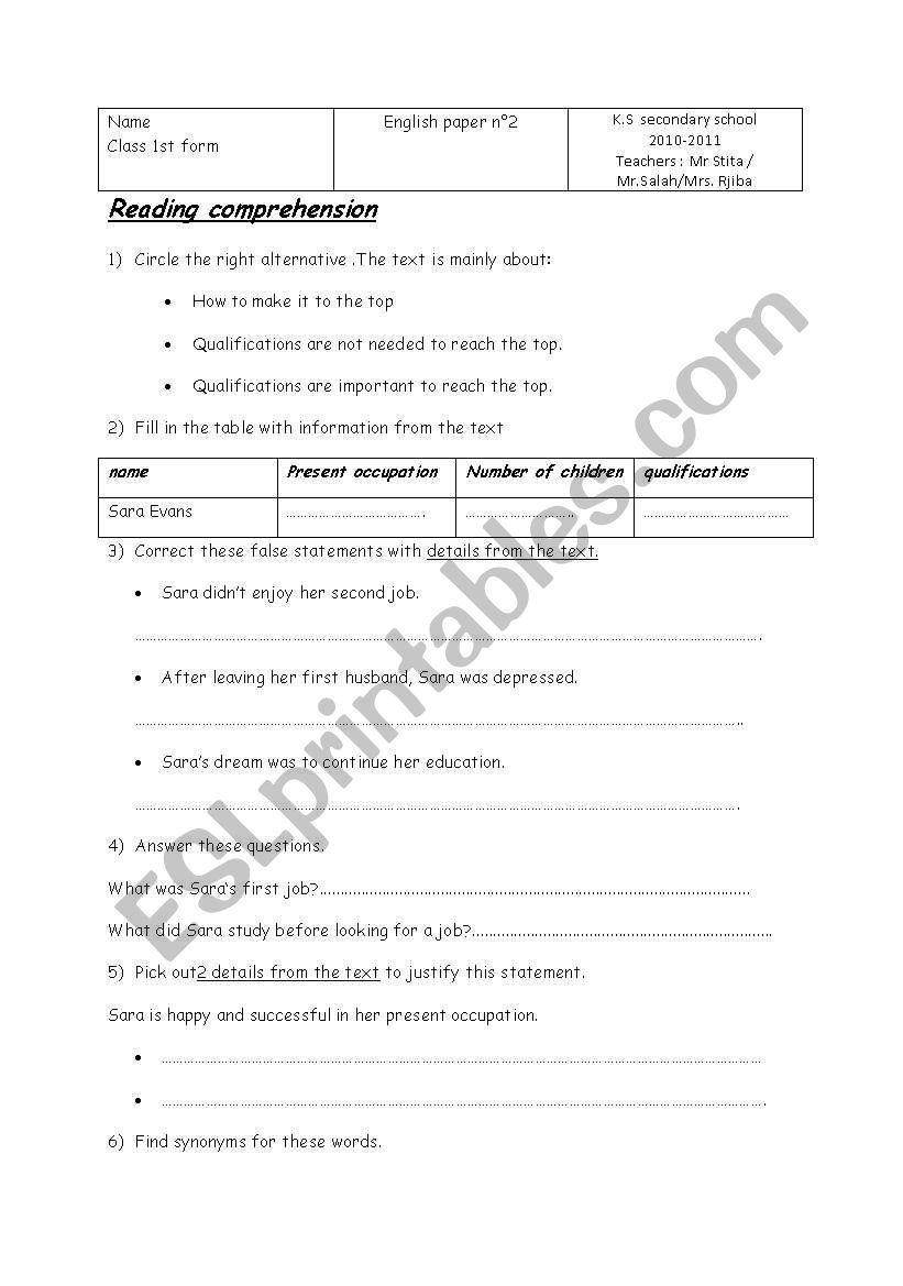 english test worksheet