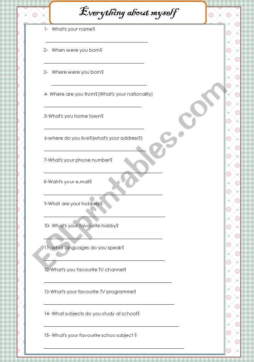 Everything about myself worksheet