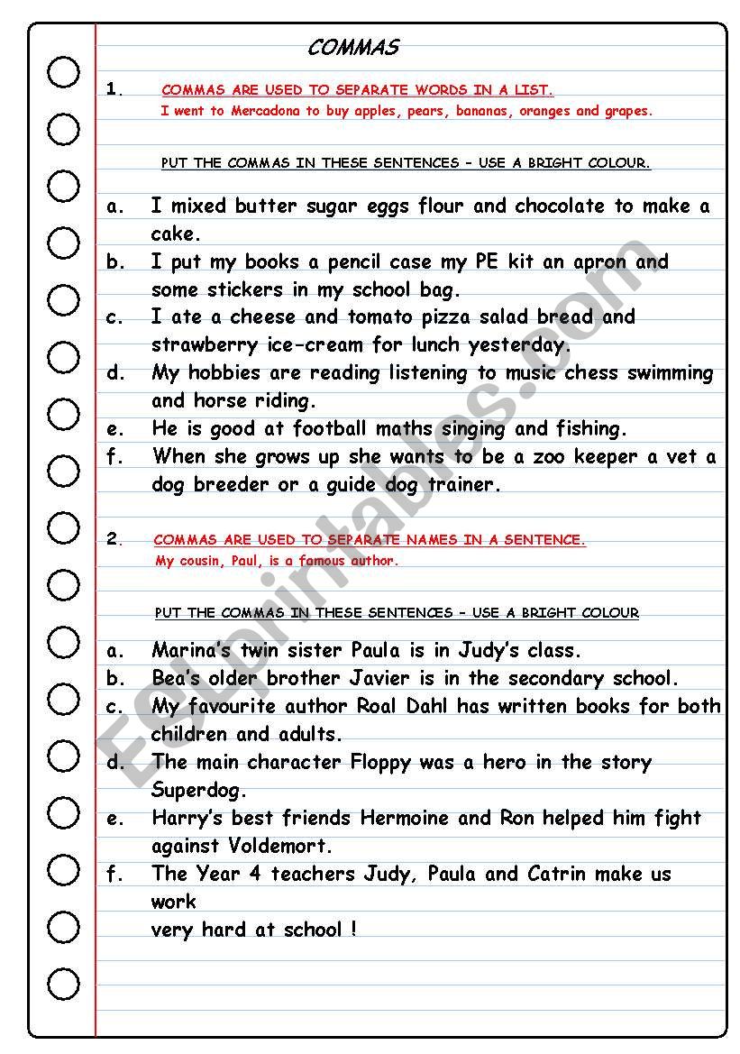 COMMAS  worksheet