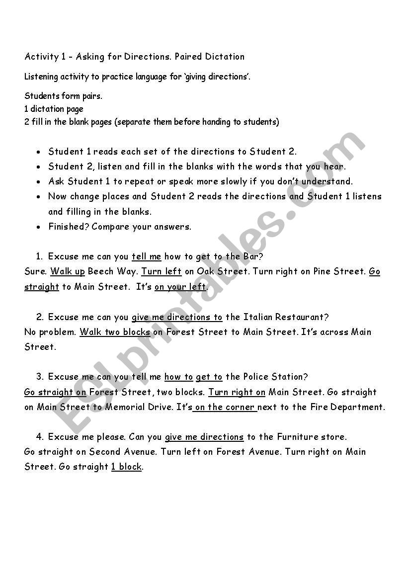 Asking/Giving Directions - Paired Listening Activity