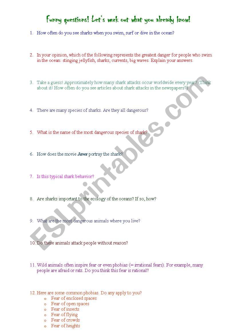 Questions about sharks! worksheet