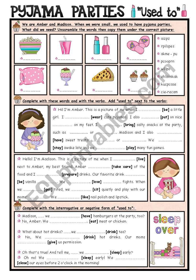 Pyjama Parties + Used to worksheet