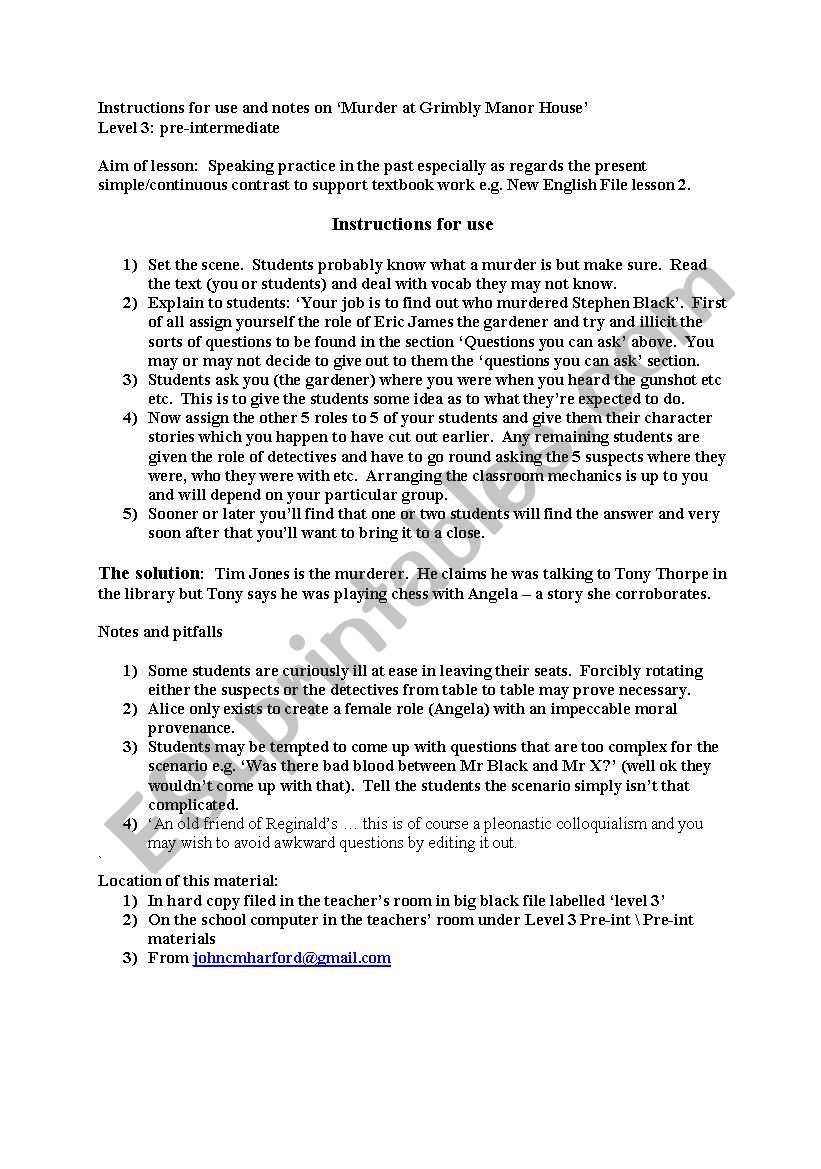 Murder at Grimbly Manor House worksheet