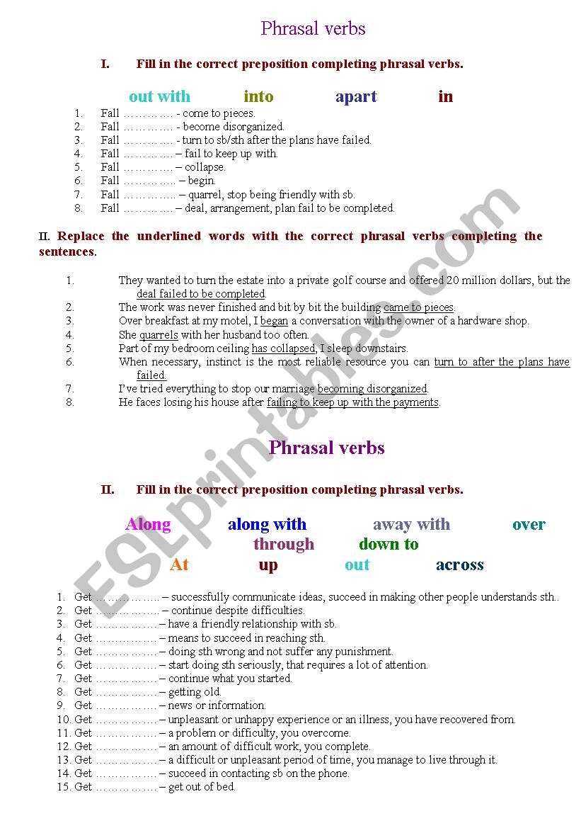 Phrasal verbs fall and get worksheet