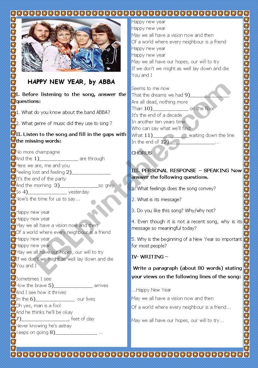 Song: Happy New Year By Abba - Esl Worksheet By Teresapr