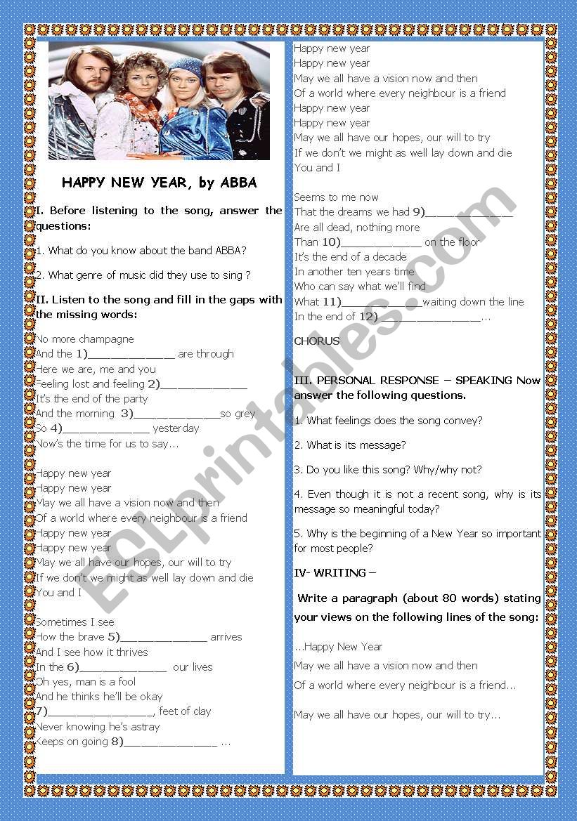 SONG: HAPPY NEW YEAR by ABBA worksheet