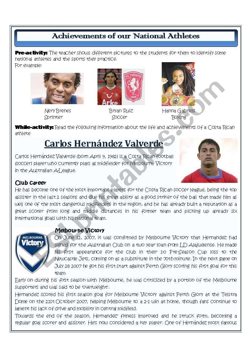 Costa Rican Athletes worksheet