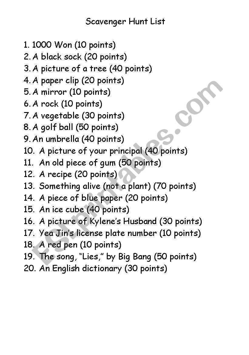 Scavenger Hunt List worksheet