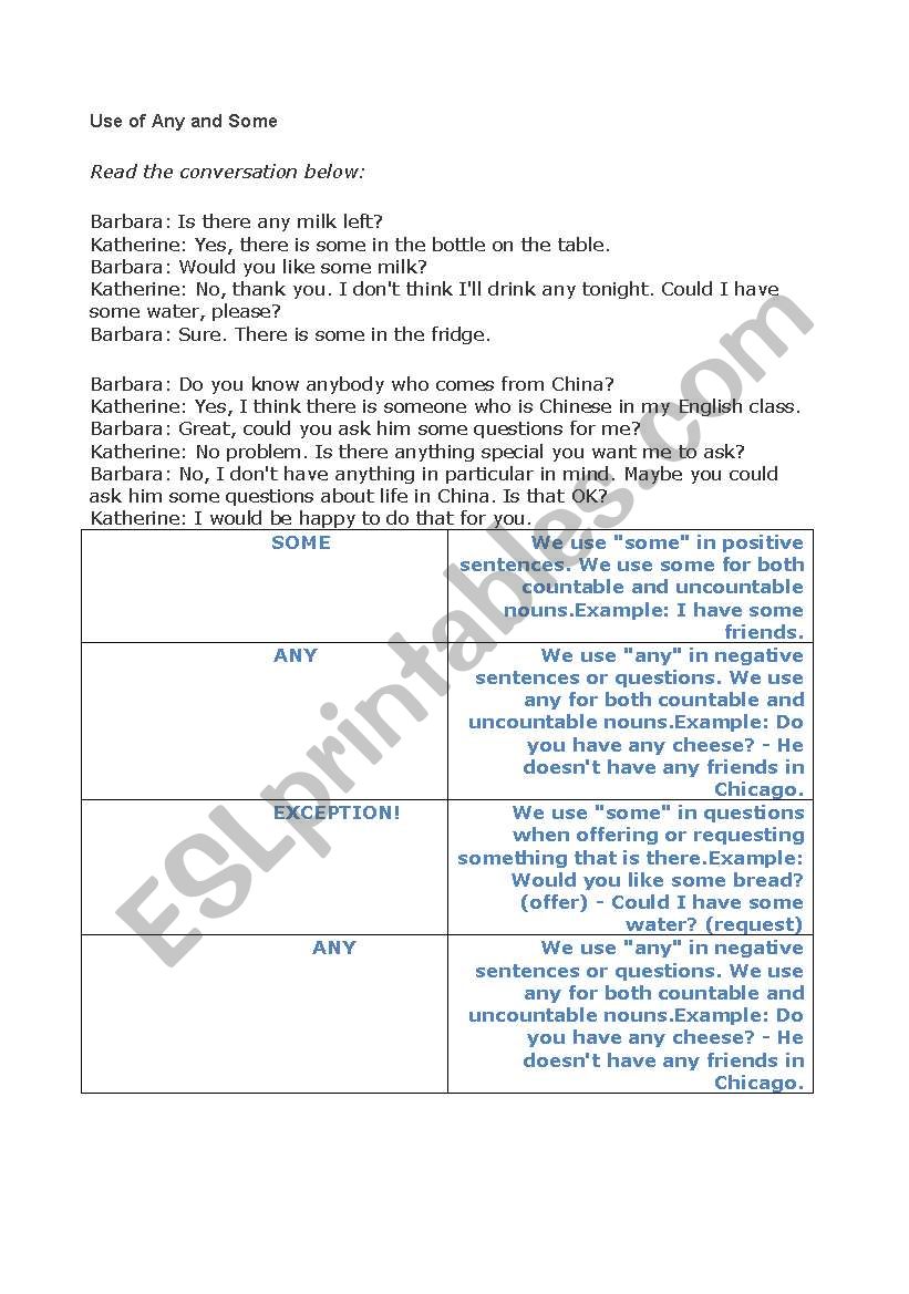 uses of some and any worksheet
