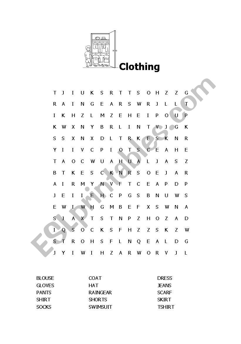 Clothing wordsearch worksheet