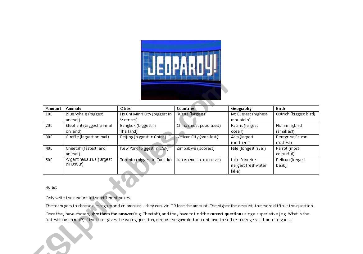 Jeopardy with superlatives worksheet