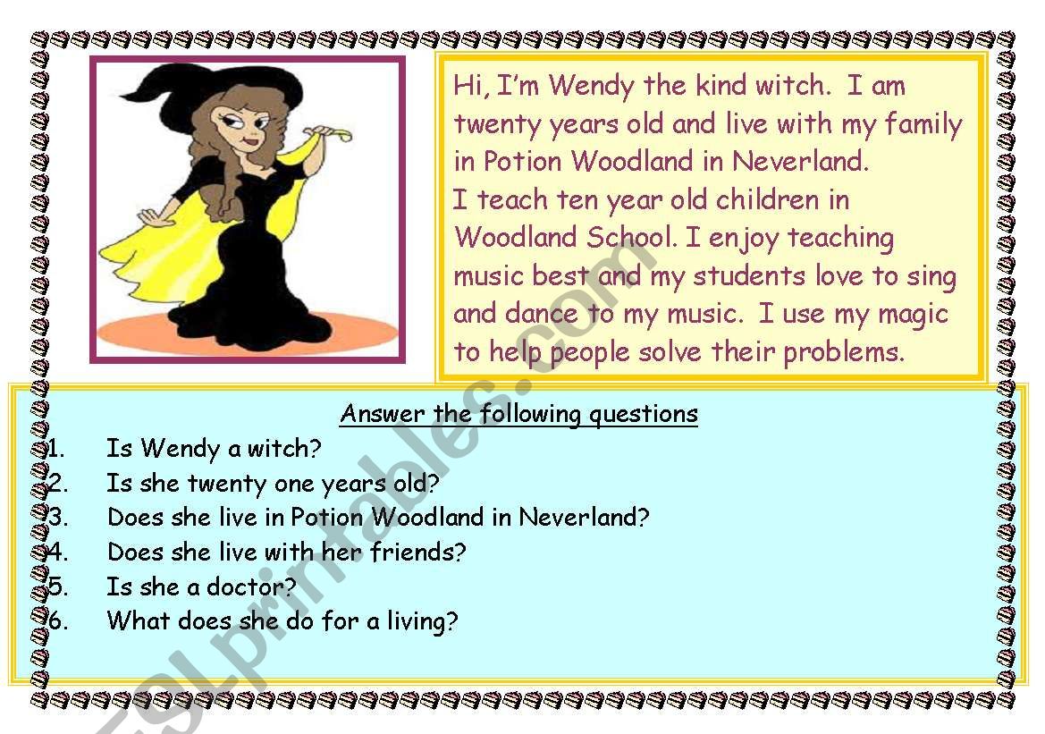 Wendy the kind witch worksheet