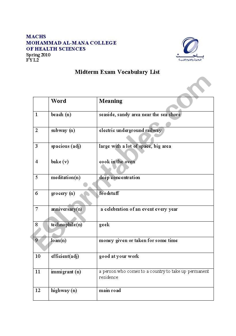 Vocabulary worksheet