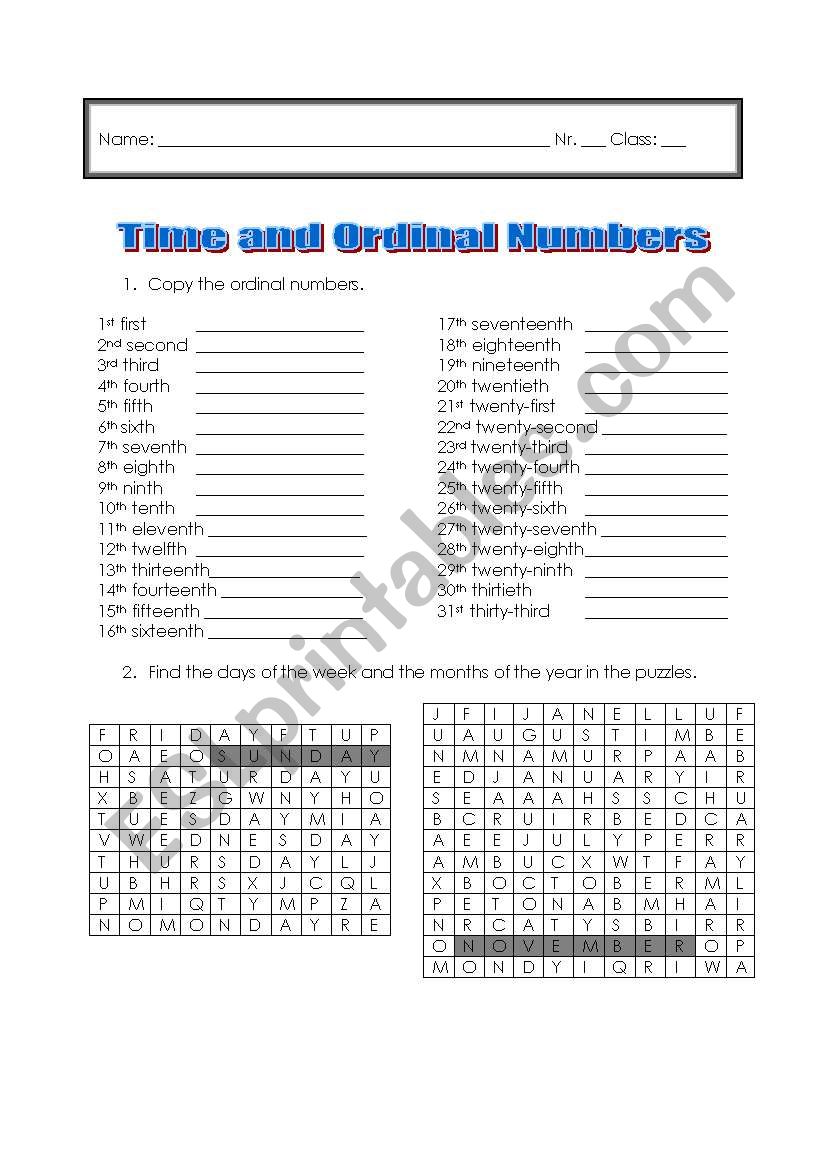 Time and Ordinal Numbers worksheet