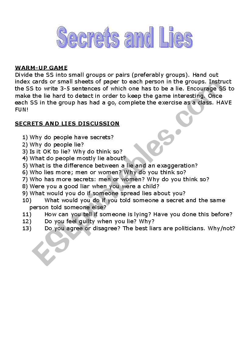 SECRETS AND LIES worksheet