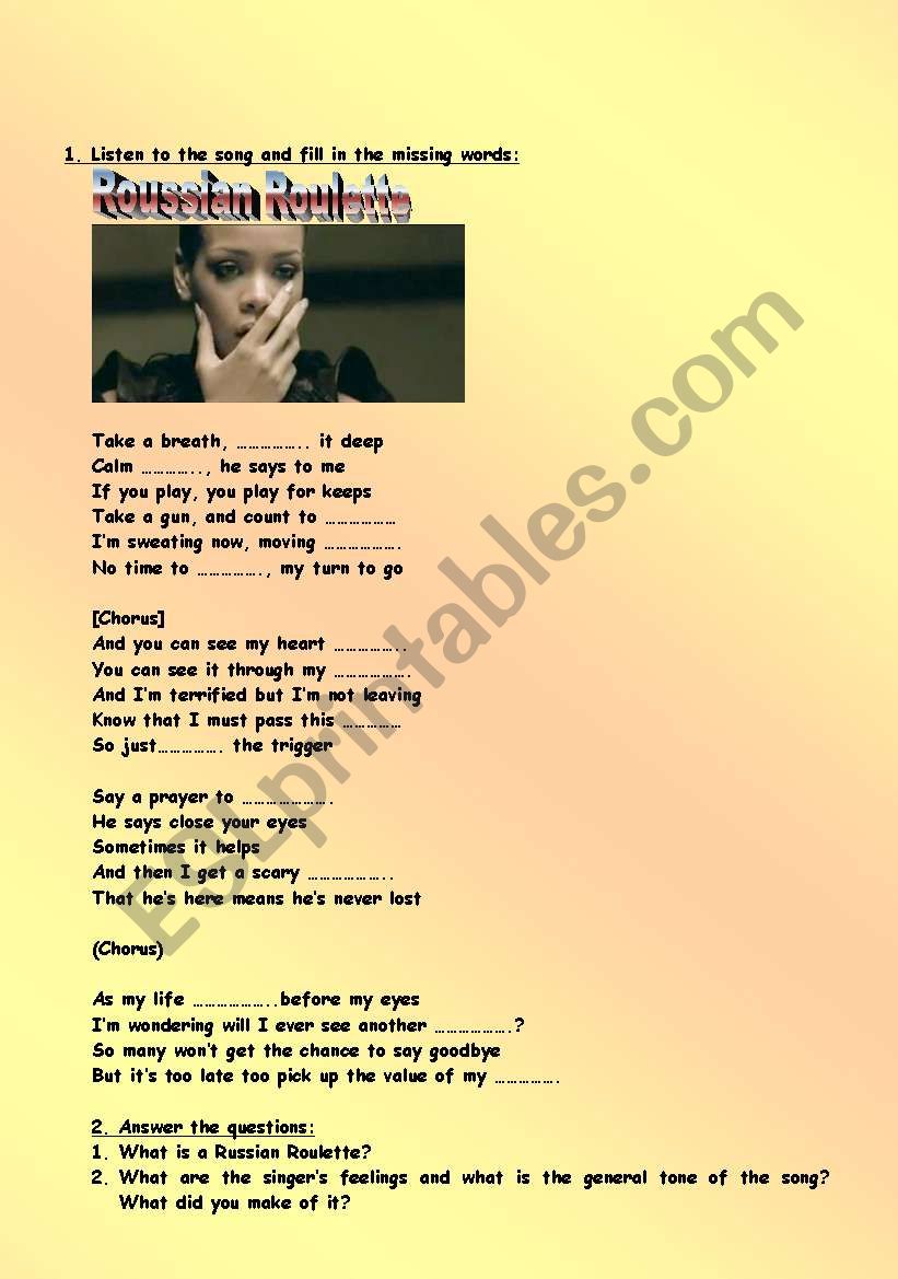 Russian Roulette Lyrics (Rihanna) - ESL worksheet by miry