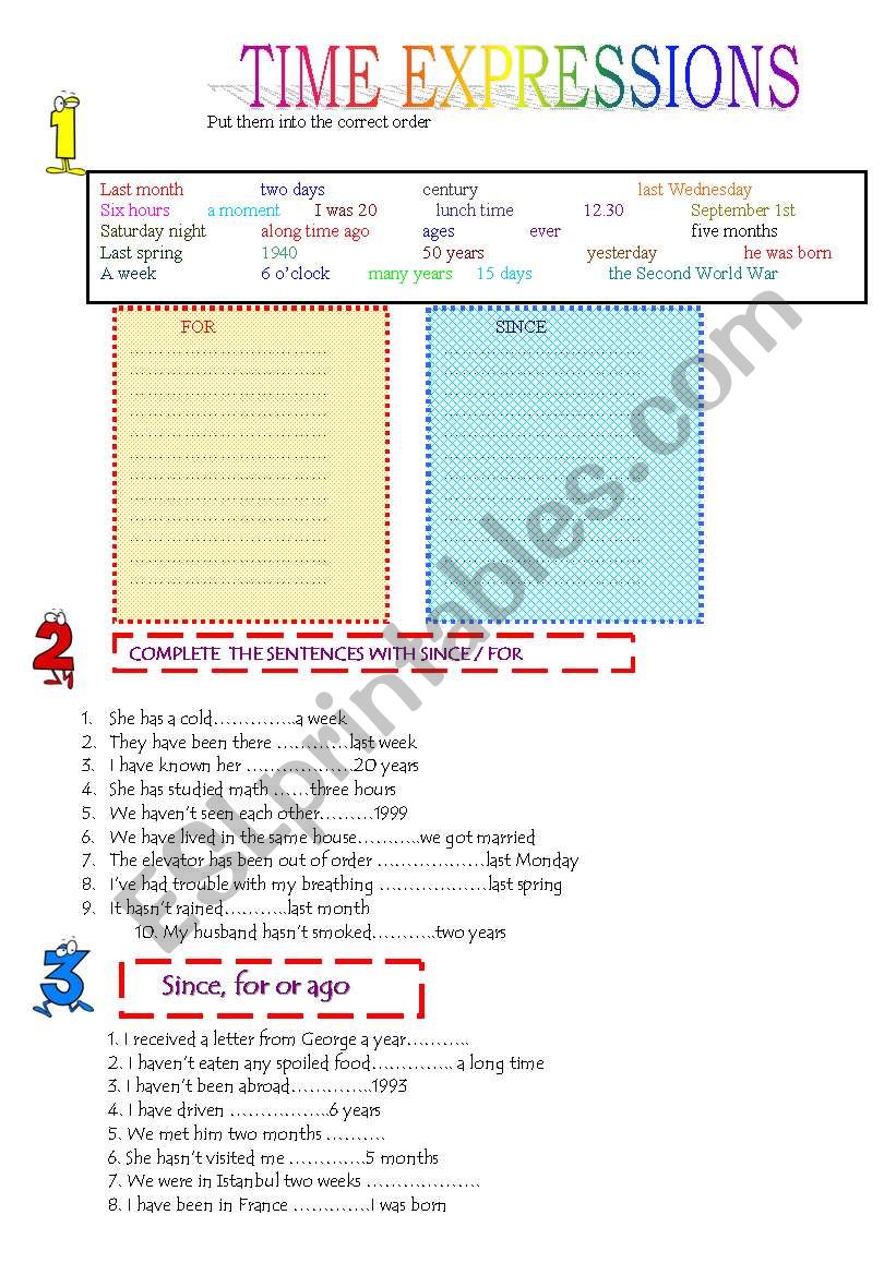 SINCE AND FOR worksheet