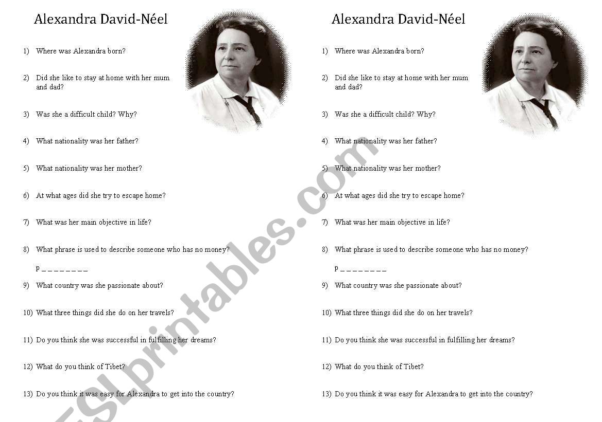 Alexandra David-Nel worksheet